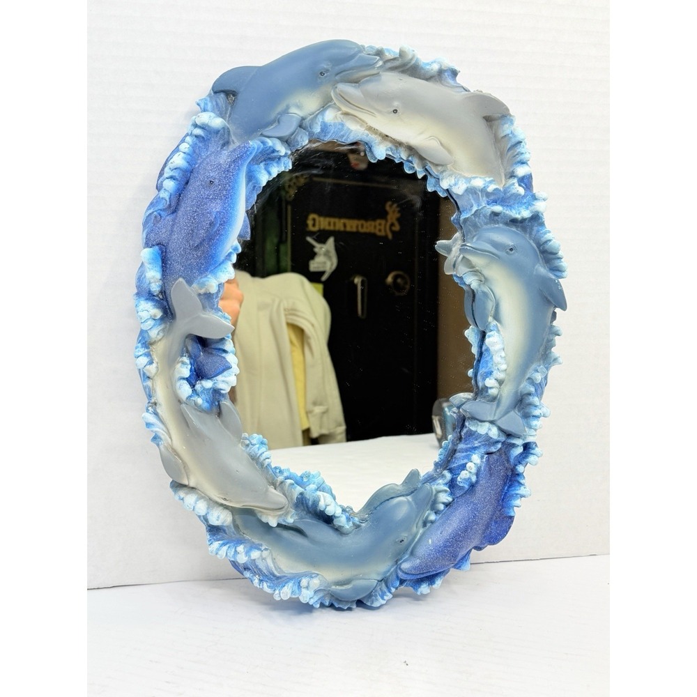Vintage‎ Dolphin Wall Mirror Coastal Beach Nautical Resin Decor 12x16 Blue
